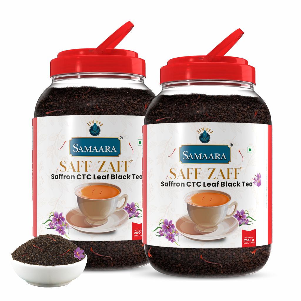 Jivvij Samaara Saffron Black Tea | Flavoured CTC Assam Black Leaf Tea | Kesar Chai Patti Powder | Saff Zaff Jar