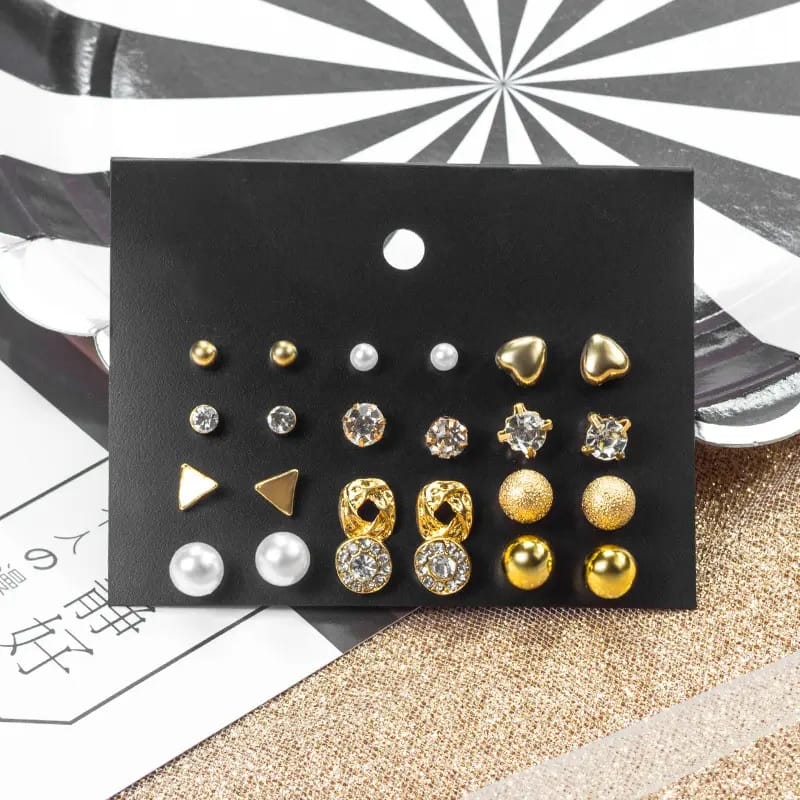 12 Pairs Gold Pearl Crystal Stud Earrings Set for Women & Girls - Versatile Fashion Jewelry