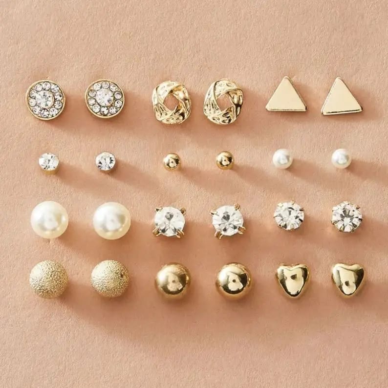 12 Pairs Gold Pearl Crystal Stud Earrings Set for Women & Girls - Versatile Fashion Jewelry view 2