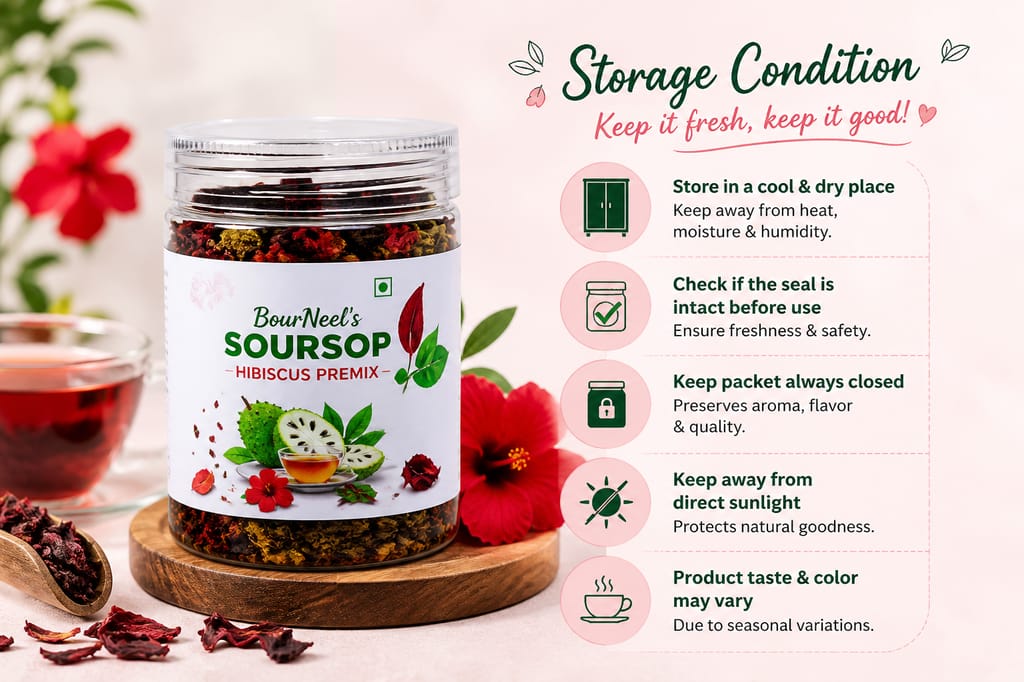 BourNeel's® Soursop Hibiscus Tea Premix 50gm | No Preservatives | Graviola Laxman Phal Leaves | Dry Hibiscus Flowers| Soursop Kadha Tea | view 2
