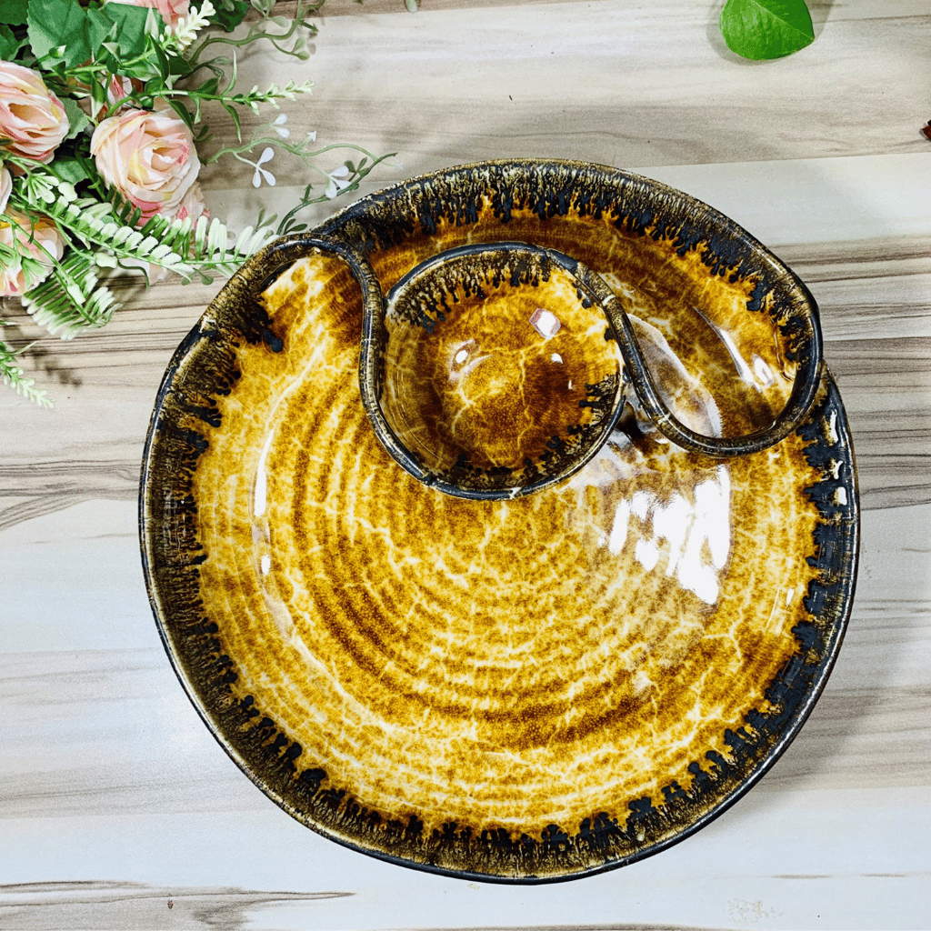 Homefrills Prmium Yellow Serving Ceramic Platter/Plate With section,Chip n Dip Platter/plate/Tray for Momos, Fries, Kebabs, Starter and Snacks etc Microwave Safe. (Set of 1) view 2