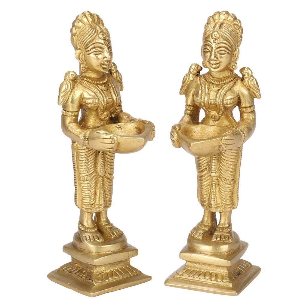 Artvarko Brass Paavai Vilakku Deep Laxmi Pair (2 Pcs) Diya Lady Holding Oil Diya Deepluxmi Deeplaxmi Height 5 Inches view 2