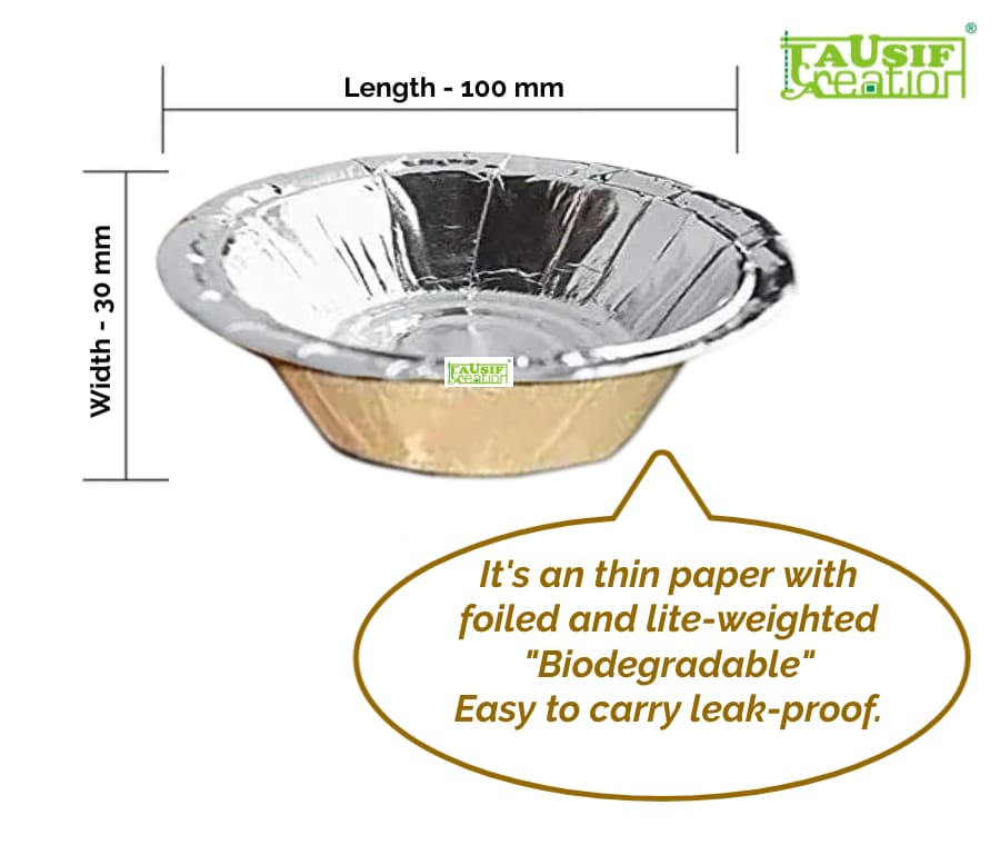 TAUSIF CREATION® New Biodegradable Lite-Weighted Foiled Golgappa/Puchhka/Panipuri Craft Paper Silver Small Bowl/Dona/Bati/Katori for Birthday Party's/Wedding/Event Etc. (Pack of 40 Pc) view 2