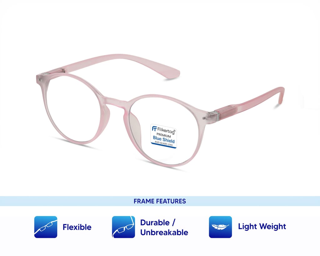 Flikertag Blue Cut Computer Glasses for Eye Protection | Zero Power Blue Light Filter Glasses With UV Protection | Anti Glare Specs for Women [FTF210 F2 Round Transparent Pink Frame, 49mm] view 2