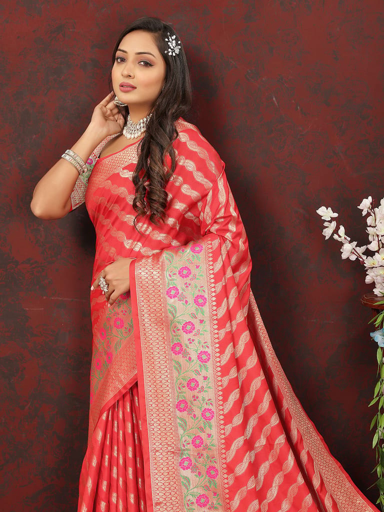 Red Soft Silk Woven Design with Zari Weaving Leheriya Design Saree view 2