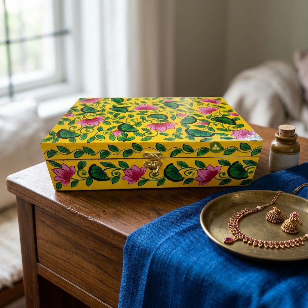 Hand Painted Pichwai Lotus Art Wooden Yellow Color Storage Box view 2