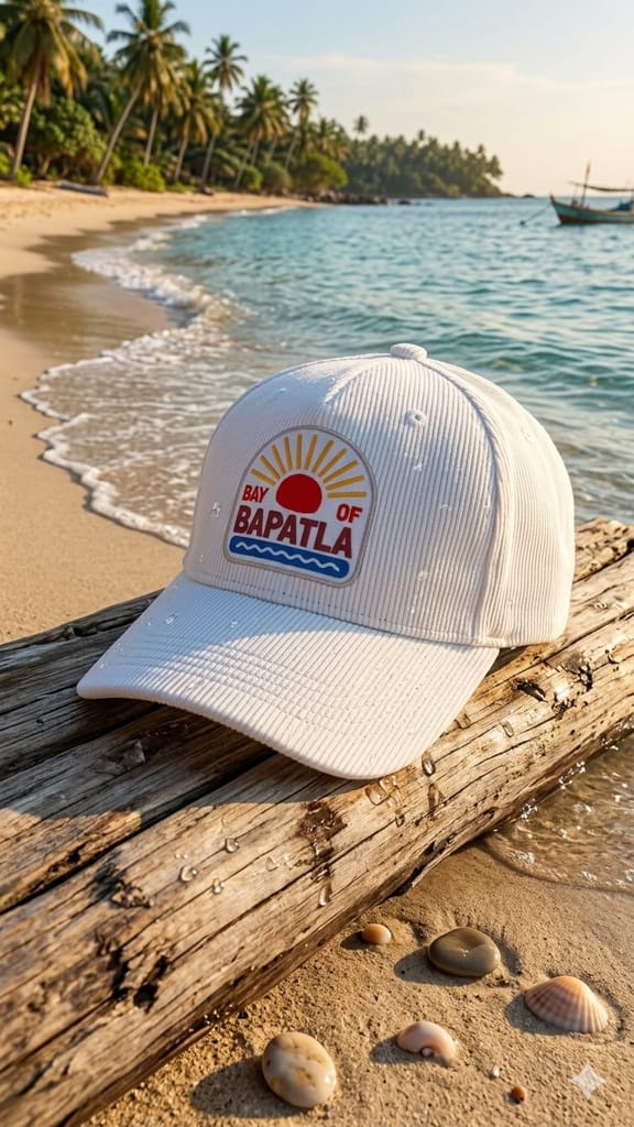 Bay of Bapatla White Corduroy Snapback Hat with Sun and Waves Patch view 2