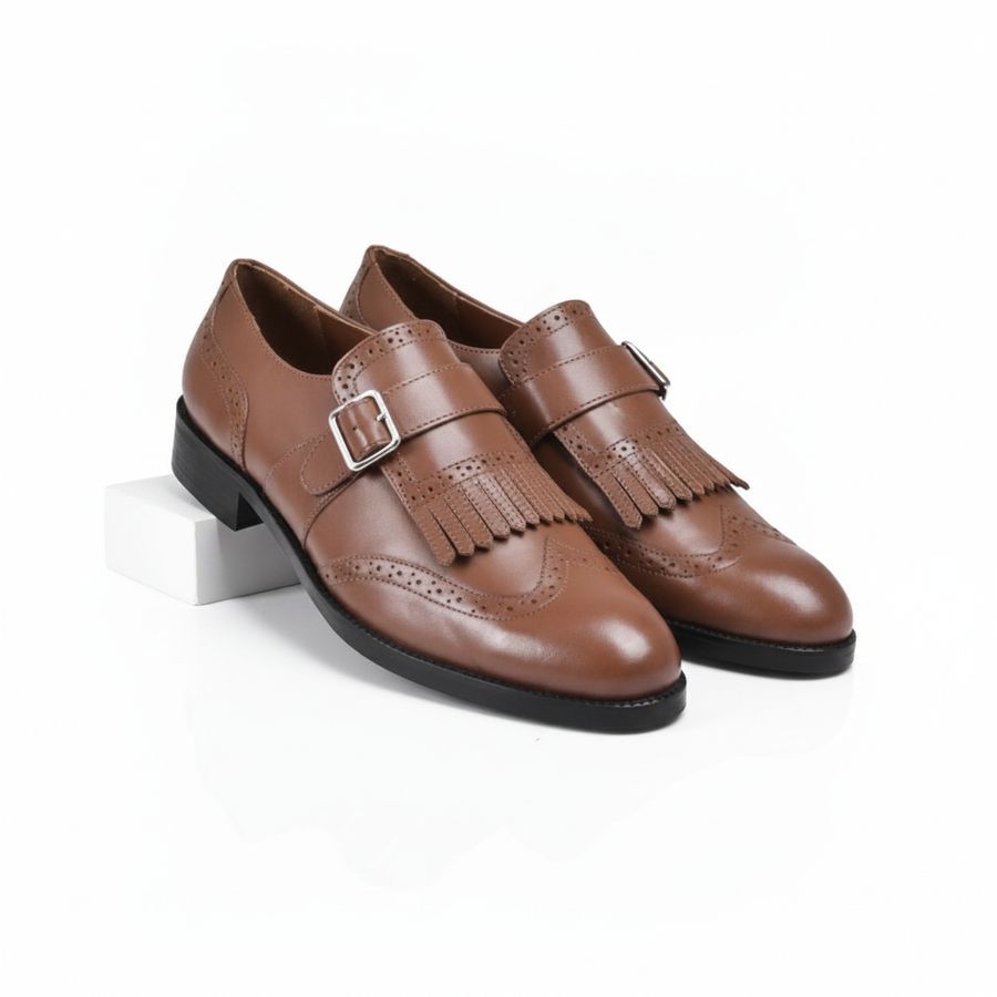 Tan Leather Monk Strap Brogue Shoes with Fringe Detail view 2
