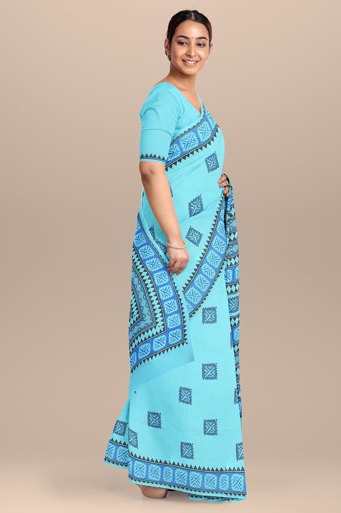 Turquoise Blue Tribal Motif Hand Block Print Malmal Cotton Saree SKU- AS10061 view 2
