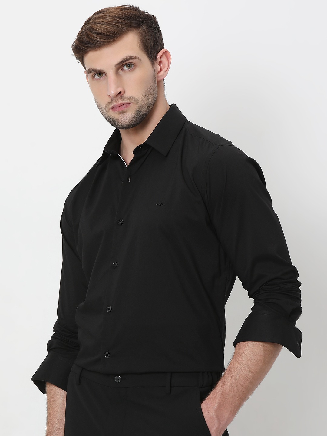 Black Stretch Plain Slim Fit Casual Shirt view 2