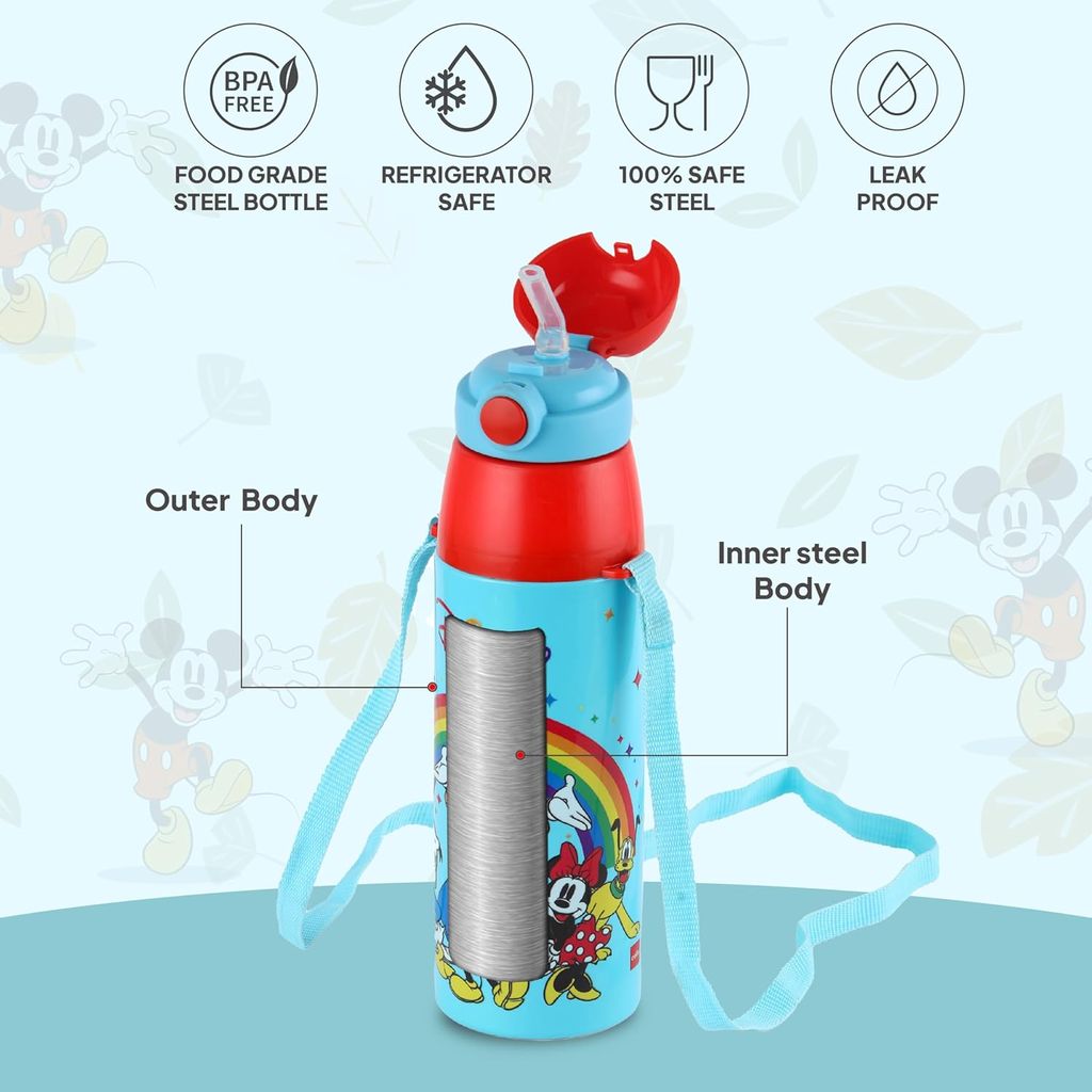 CELLO Kidzbee Series Orb 400 Inner Steel Insulated Water Bottle, 380ml| 3D Touch & Feel Mickey Family Design | Leakproof Flip Top Spout, Easy to Carry | Cold Water Bottle for Kids School view 2