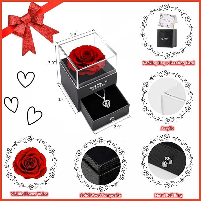 Panchhi Store Valentine Gift for Girlfriend, Gift Items for Wife Preserved Real Red Rose With Necklace, Gifting iIems for Women on Valentine, Marriage, Anniversary view 2