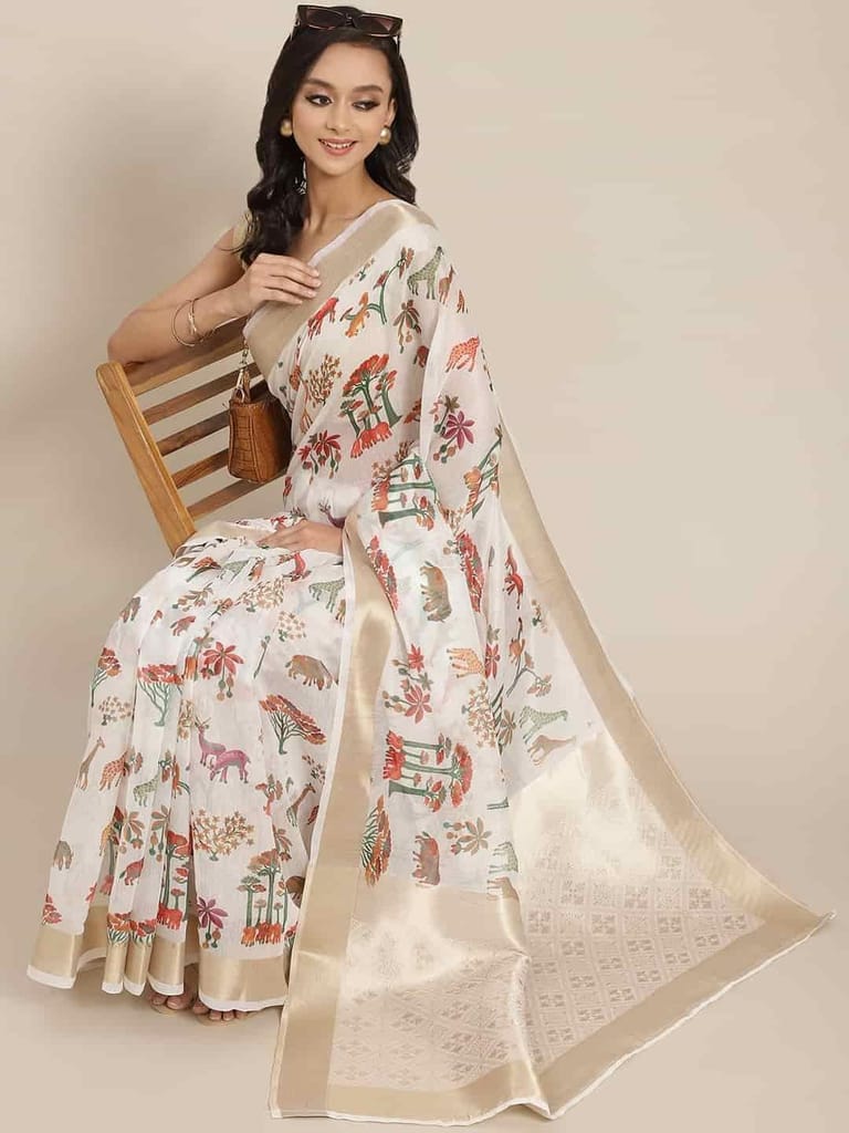 Women's Coral White Zari Woven Digital Print Design With Unstiched Blouse Piece view 2