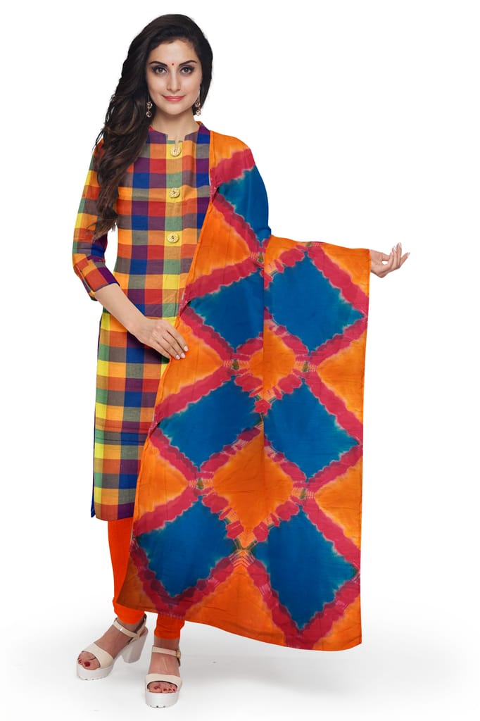 Orange Cotton Salwar Suit Fabric with Printed Chiffon Dupatta view 2