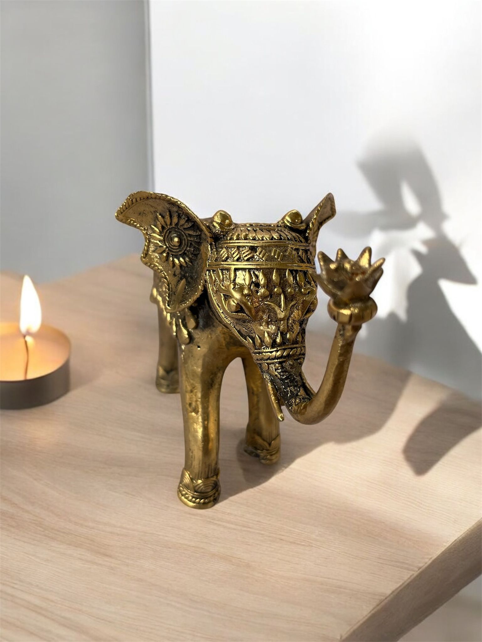 Golden Brass Elephant Figurine with Intricate Carvings view 2
