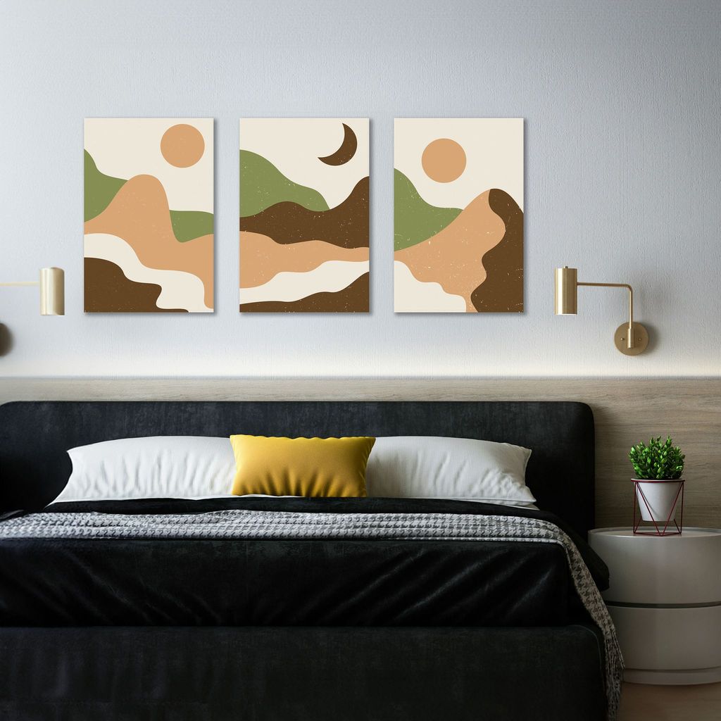 Rustic Charm Set of 3 Abstract Landscape Canvas Wall Painting for Living room, Office and Hotel | 16x24 inches Vertical Canvas Wall Frames for Home Interior and Decor |Moon Sun view 2