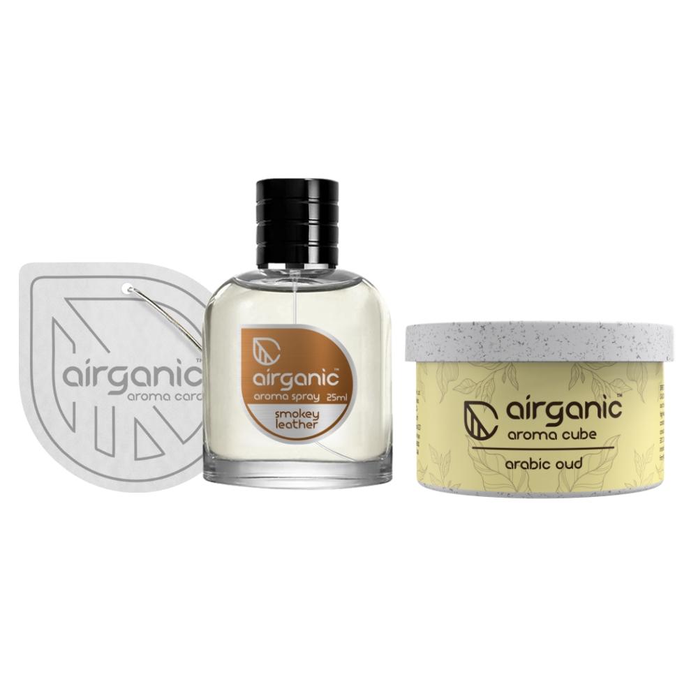 Airganic Aroma Car Freshener Combo Pack Fine Spray Smokey Leather & Aroma Cube Arabic Oud air fragrance