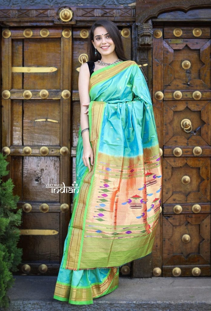 Traditional Pure Silk Handloom Paithani ~ Dual Tone Blue Green With Fresh Green Border view 2