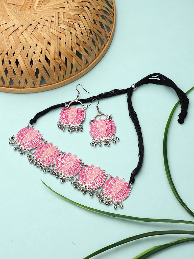 Cardinal Pink Color Lotus Design Minakari Choker Necklace Set view 2
