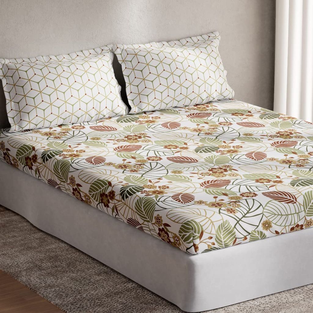 DDECOR - Optima Collection 100% Cotton Leaves Pattern 136 TC Queen Bedsheet |224 CM X 254 CM| Brown view 2
