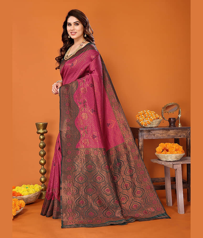 BLEESBURY Kanjivaram Woven Saree With Unstitched Blouse Piece ( Burgundy ) view 2