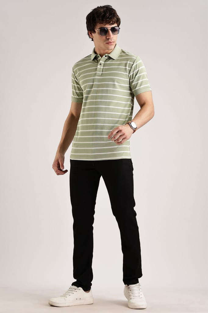 Pollycotton Light Green Striped Polo view 2