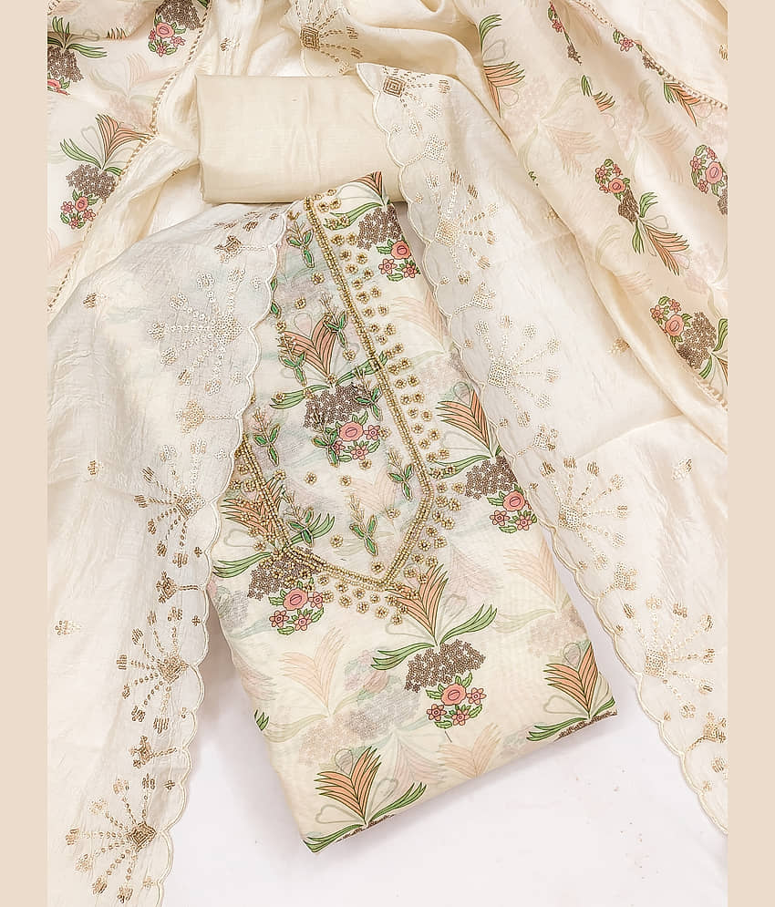 VEDANT VASTRAM Women Chanderi Unstitched Dress Material ( Off White )