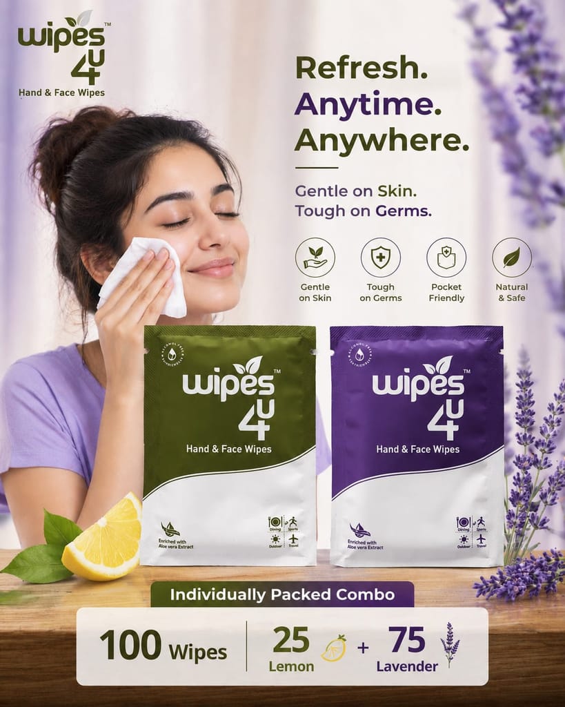 Wipes4u Individually Packed Face and Hand Wet Wipes Combo ( 25 Lemon + 75 Lavender )