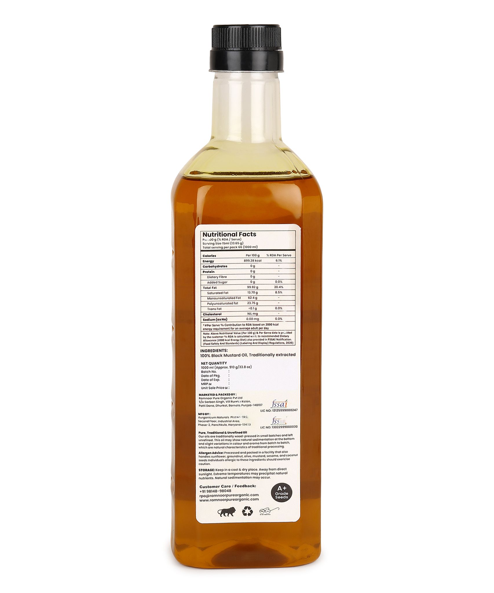 Ramnoor Pure Organic Wood Pressed Black Mustard Oil 1L | Kachi Ghani Cold Pressed Sarson Tel | Unrefined | Strong Aroma | Cooking & Pickle Oil view 2