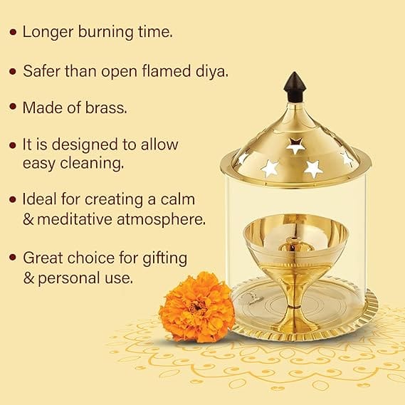 Akhand Jyot Aaradhya Brass Pooja Diya for Puja & Religious Rituals with Borosilicate Glass Cover for view 2