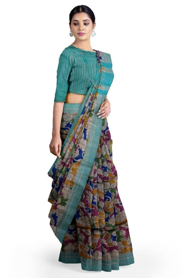 Turquoise Blue Tussar Silk Saree view 2