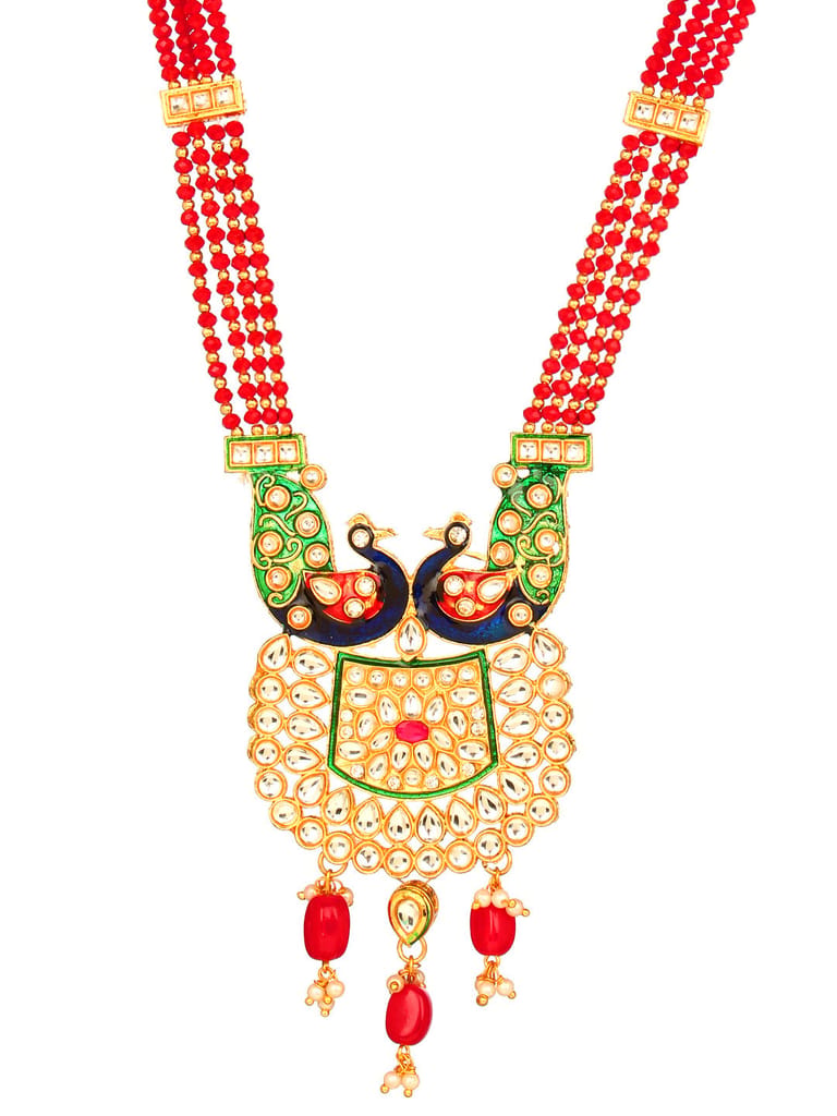 Cardinal Maroon Color Onyx Kundan Multicolor Minakari Peacock Design Necklace Set view 2
