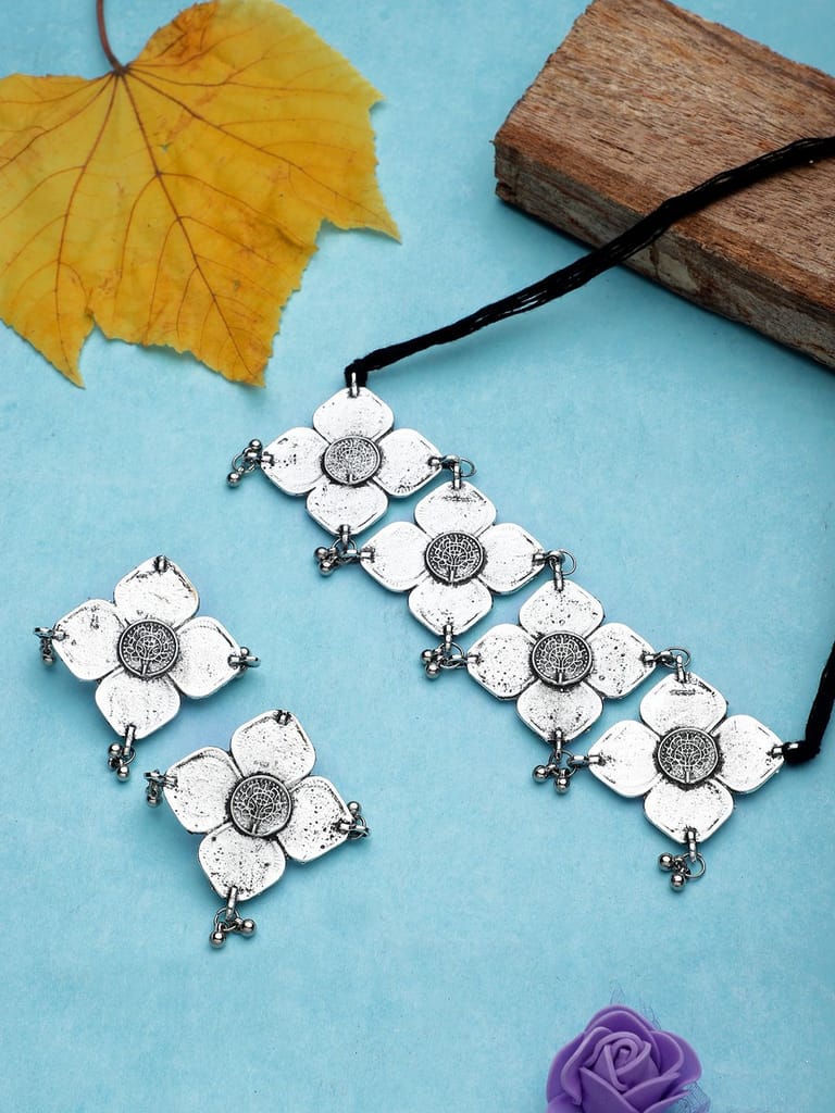 Cardinal Oxidized Silver Color Choker Necklace Set view 2
