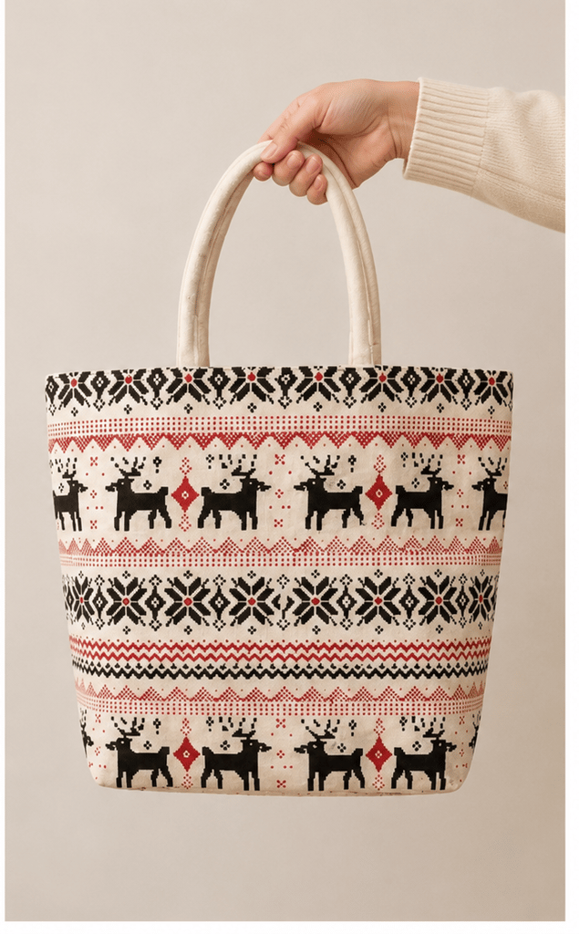 Women's Jute Tote Bag with Fair Isle Reindeer Pattern view 2