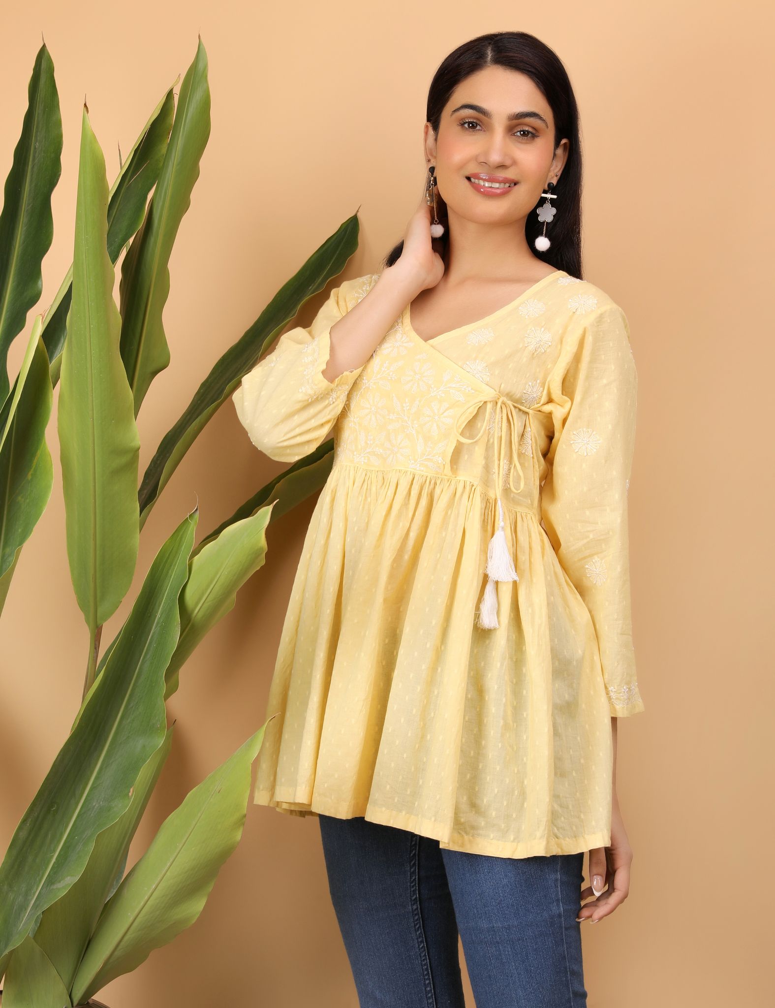 shwet yellow white women chikankari angarkha top view 2