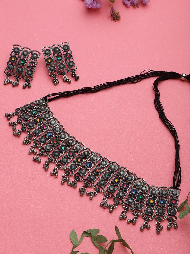 Cardinal Oxidized Metallic Color Kundan Choker Necklace Set view 2