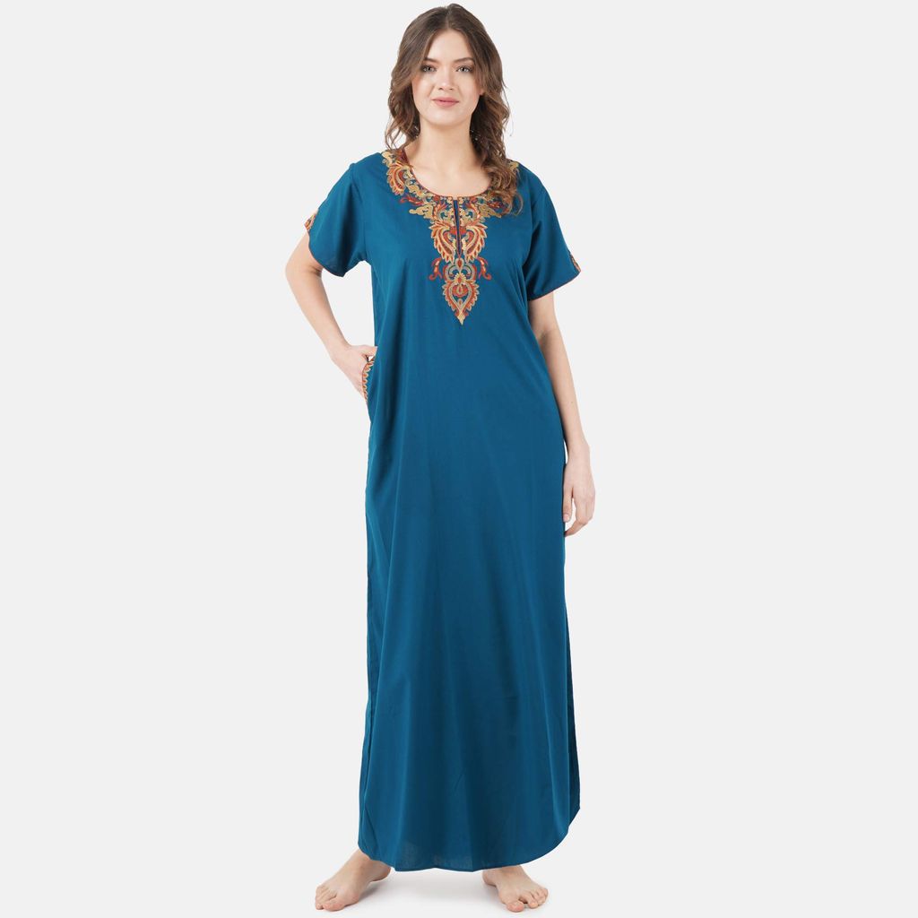 KOI SLEEPWEAR Women's Cotton Blend Cream Embroidered Maxi Length Nightgown Peacock -2XL/3XL view 2
