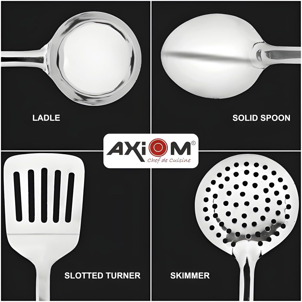 4 Pcs Stainless Steel Kitchen Cooking Utensil Set | Soup Ladle, Serving Spoon, Slotted Turner & Skimmer | Heavy Duty Mirror Finish Cooking Tools (Original) view 2
