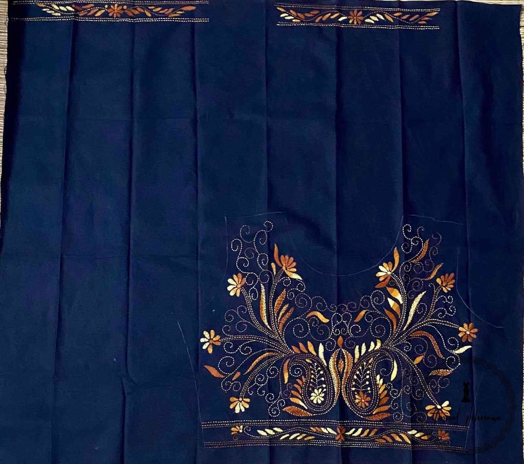 Black Bengal Kantha Hand Embroidered Blouse Piece for Sarees view 2