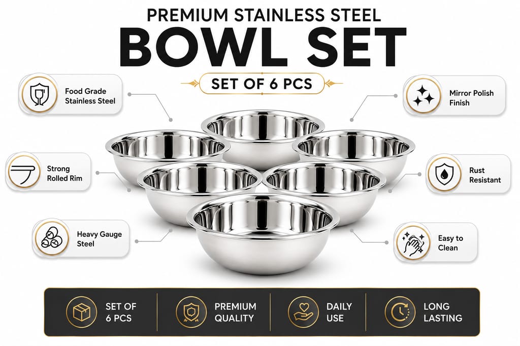 Premium Stainless Steel Bowl Set for Kitchen. Multipurpose Serving Bowls, Food Grade Steel, Katori Set for Dal, Curry, Snacks & Dessert. Durable & Rust Resistant view 2