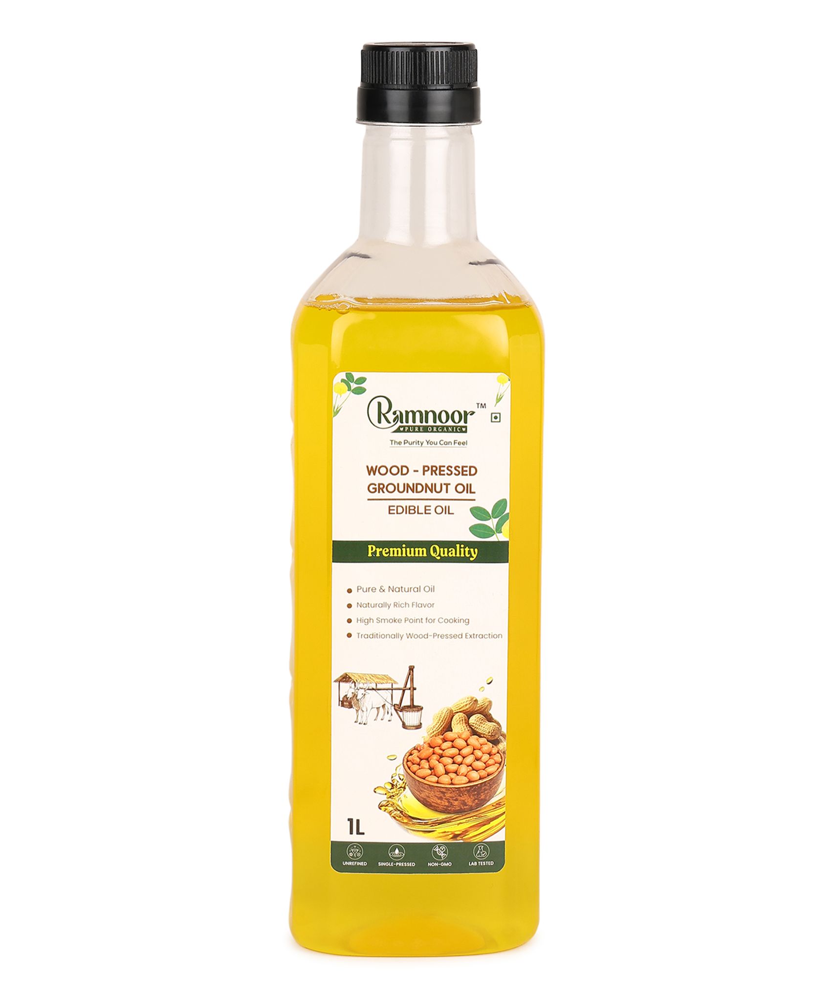 Ramnoor Pure Organic Wood Pressed Groundnut Oil 1L | Cold Pressed Kachi Ghani Peanut Oil | 100% Pure & Natural | Unrefined | Chemical Free | Cooking Oil
