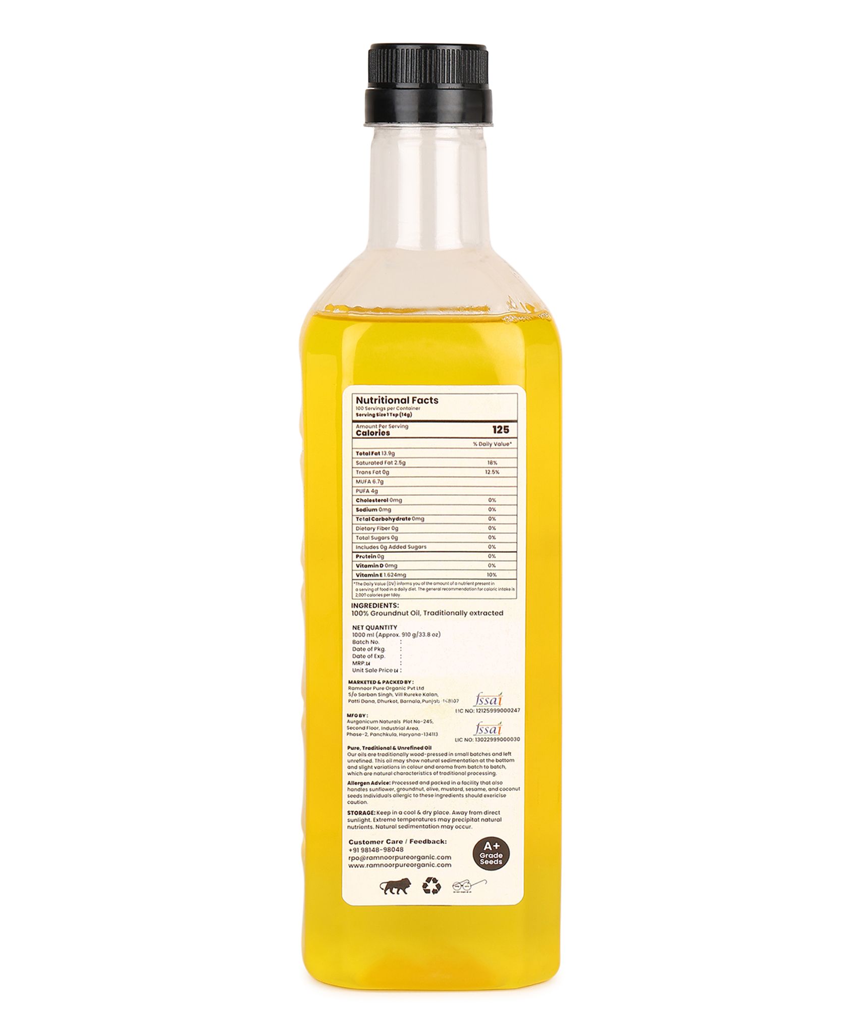 Ramnoor Pure Organic Wood Pressed Groundnut Oil 1L | Cold Pressed Kachi Ghani Peanut Oil | 100% Pure & Natural | Unrefined | Chemical Free | Cooking Oil view 2