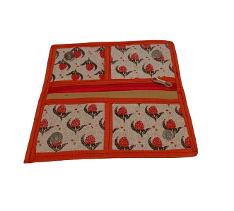 Handcrafted Cotton Fabric Wallet with Zipper Closure and Multiple Compartments for Women (Orange and White)