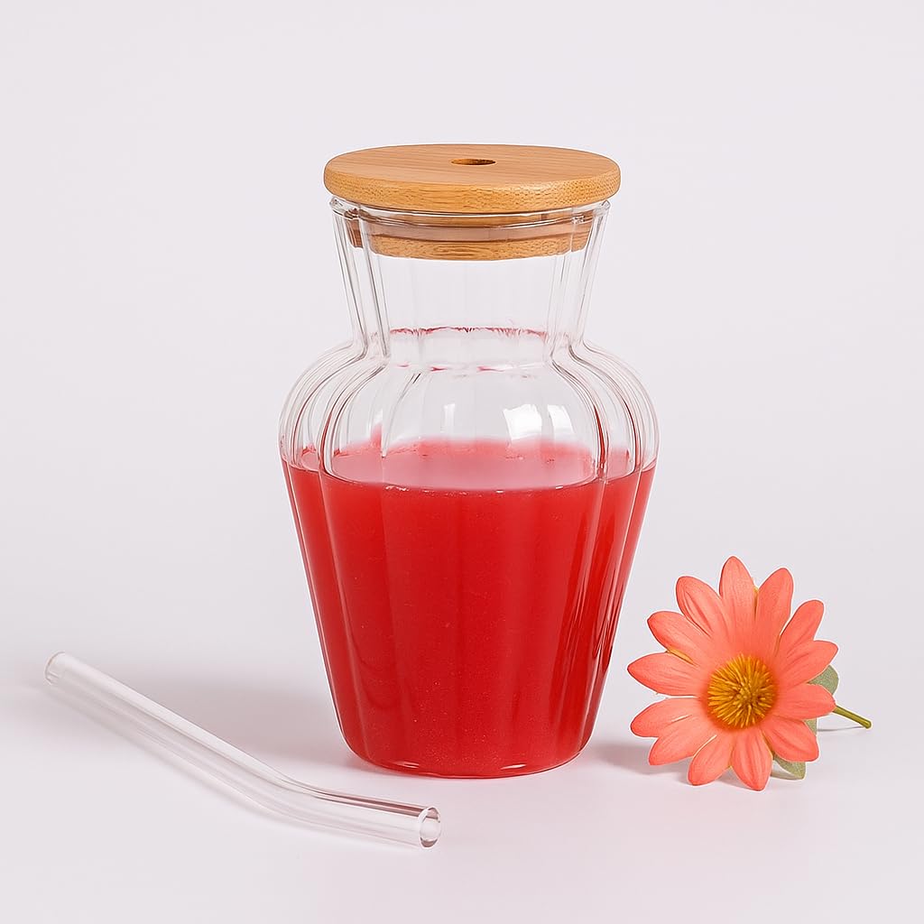 Juice & Water Sipper with Bamboo Lid and Straw, 440 ML, Set of 1, Glass Tumbler for Milkshakes, Coffee, Falooda and Mix Drink, Drinking Jar for Home, Office, Restaurant view 2
