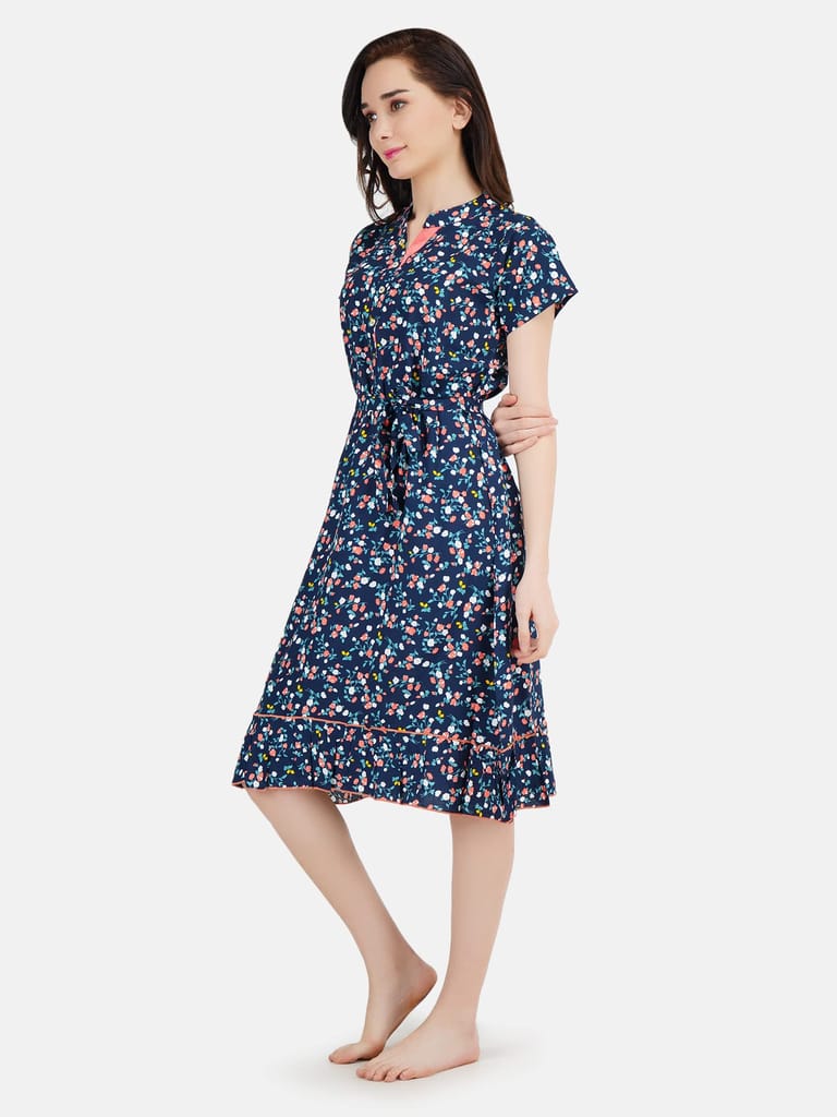 KOI SLEEPWEAR Women's Knee Length Short Sleeve Floral Print Short Nighty/Maxi (Blue) view 2