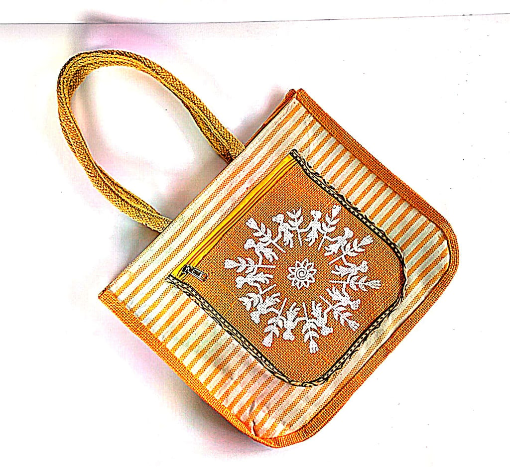 Striped Jute Tote Bag with Embroidered Flower Design view 2