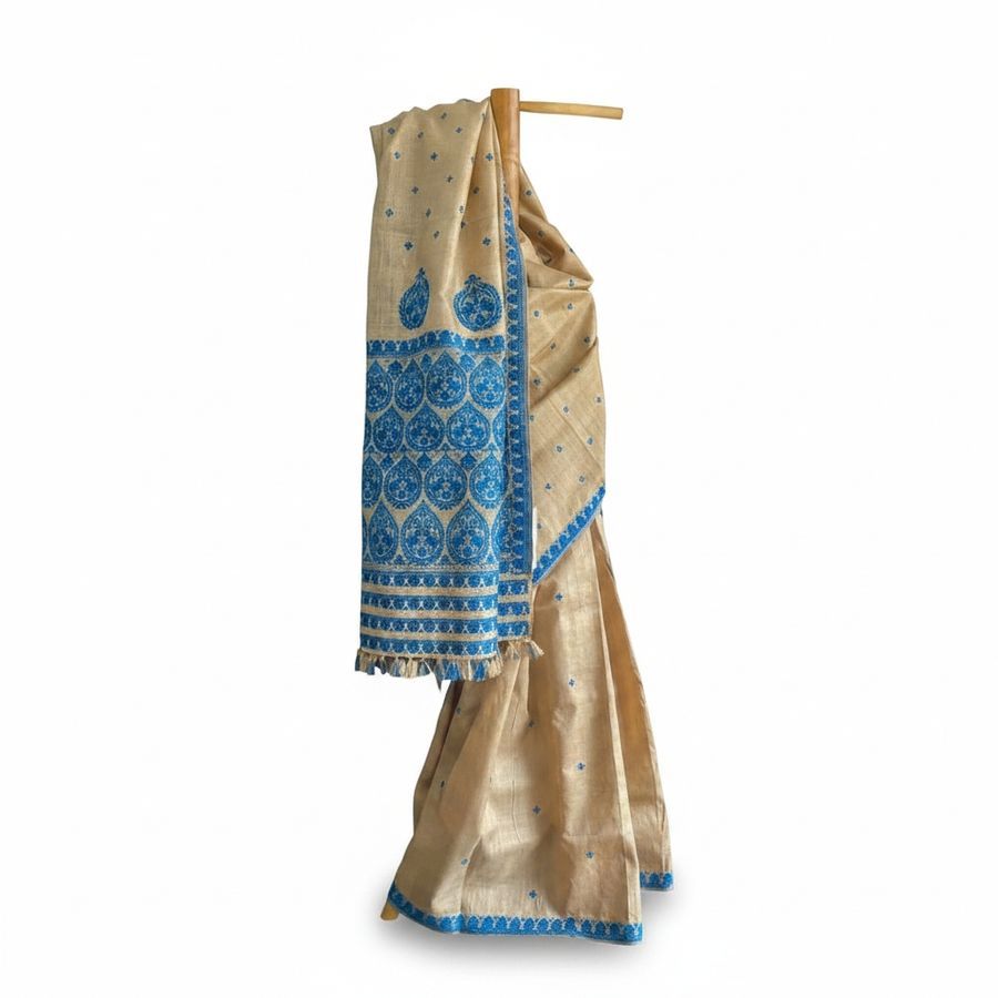 Traditional Beige and Blue Woven Saree view 2