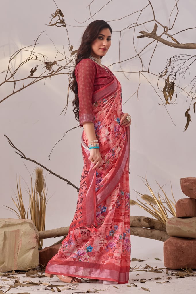 Women's Coral Pink Digital Print Floral Linen Saree view 2
