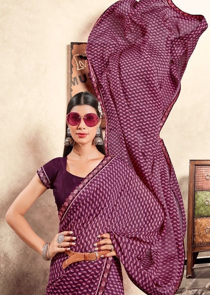 Digital Printed Georgette Saree in Wine view 2
