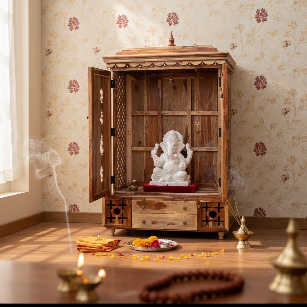 Solid Wood Pooja Mandir With Beautiful Art Work view 2